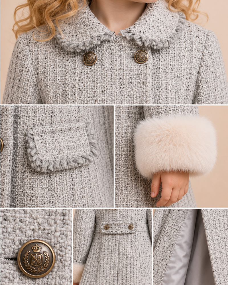 Girls’ Tweed Wool Coat with Genuine Fox Fur Cuffs – Double-Breasted Luxury Kids Winter Coat Wholesale — image 5