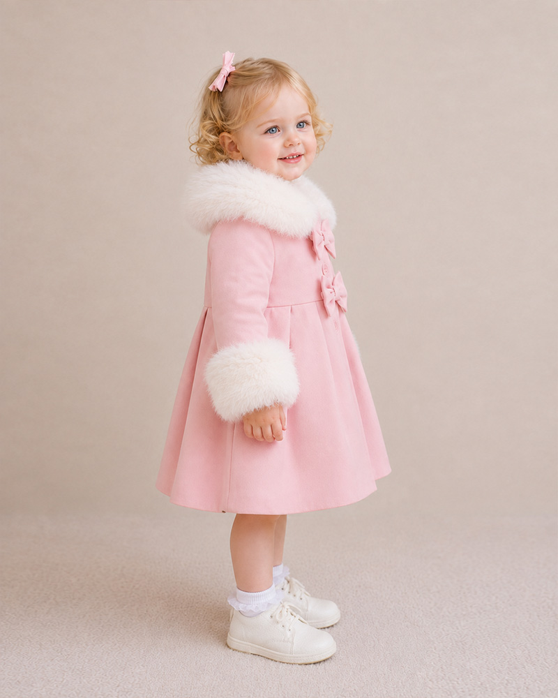 Girls’ Pink Wool Coat with Genuine Fox Fur Collar & Cuffs – Luxury Kids Winter Coat Wholesale — image 2