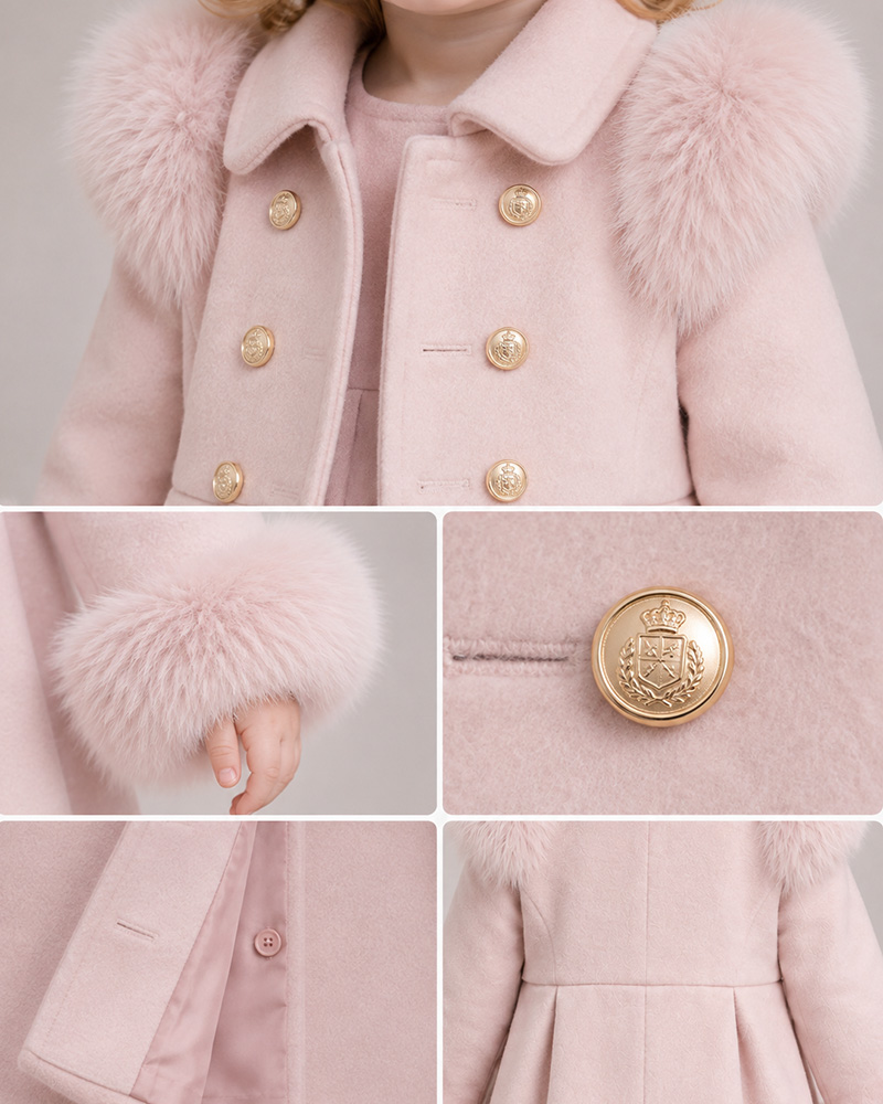 Girls’ Pink Wool Coat with Genuine Fox Fur Shoulder & Cuff Trim – Double-Breasted Luxury Kids Coat Wholesale — image 5