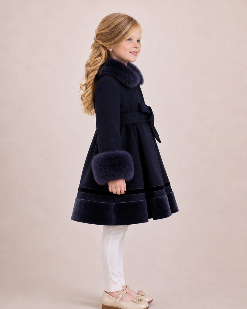 Girls’ Velvet-Trim Wool Coat with Genuine Fox Fur Collar & Cuffs – Luxury Kids Winter Coat Wholesale — image 2