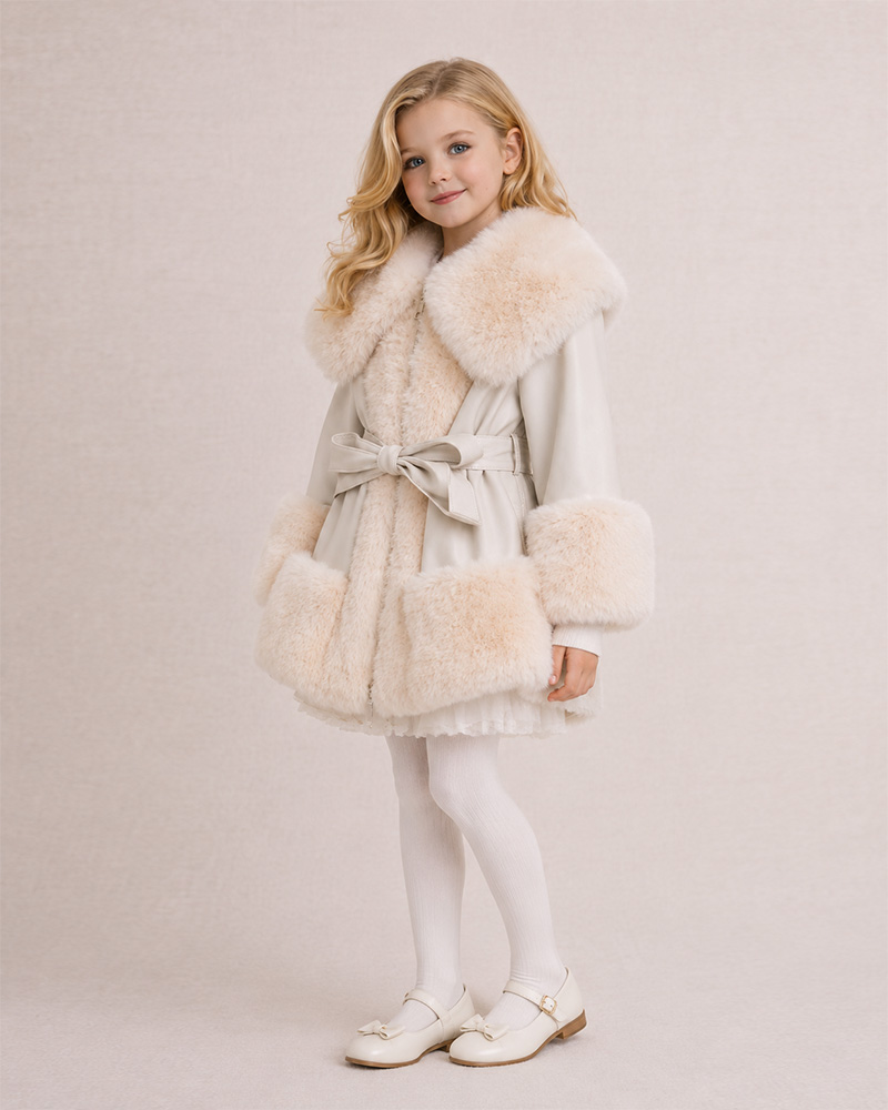 Girls’ Wool Winter Jacket with Genuine Fox Fur Collar & Trim – Belted Luxury Kids Outerwear