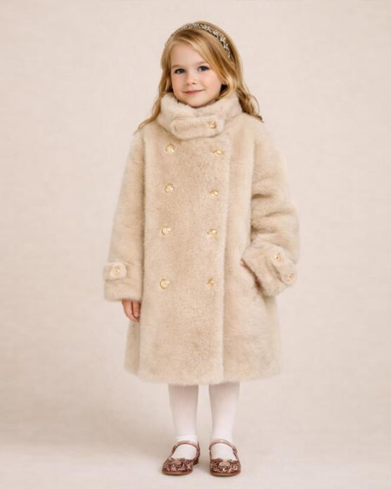 Eco-Friendly Faux Mink Fur Girls’ Winter Coat – Double-Breasted Luxury Kids Outerwear