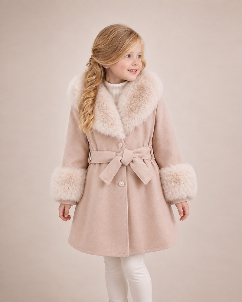 Girls’ Belted Wool Coat with Genuine Fox Fur Collar & Cuffs – Luxury Kids Winter Coat Wholesale