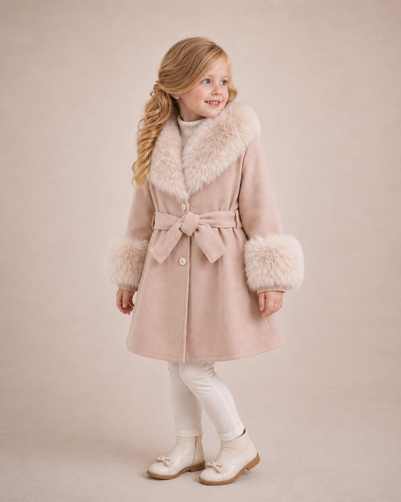 Girls’ Belted Wool Coat with Genuine Fox Fur Collar & Cuffs – Luxury Kids Winter Coat Wholesale — image 4