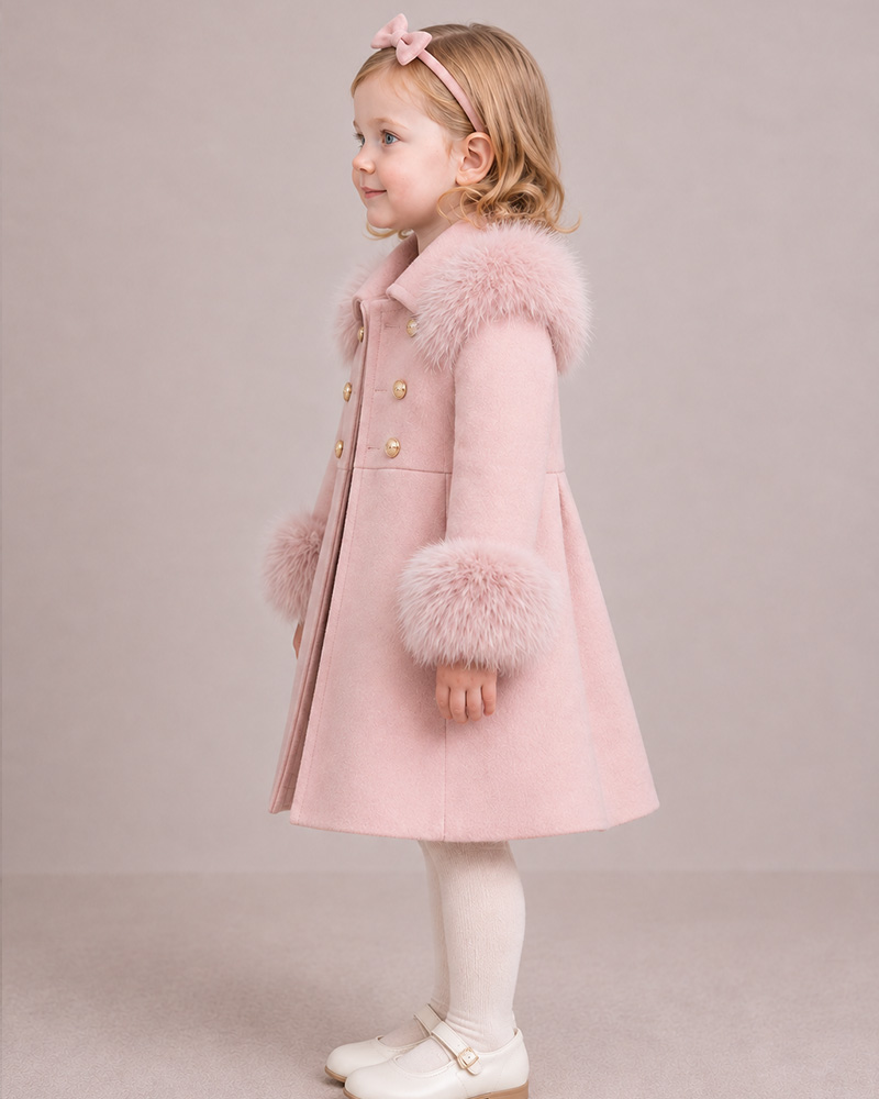 Girls’ Pink Wool Coat with Genuine Fox Fur Shoulder & Cuff Trim – Double-Breasted Luxury Kids Coat Wholesale — image 3