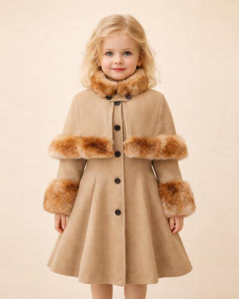 Girls’ Camel Wool Cape Coat with Genuine Fox Fur Collar, Cape & Cuffs – Luxury Kids Winter Coat Wholesale