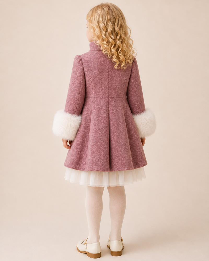 Girls’ Dusty Rose Wool Coat with Genuine Fox Fur Cuffs – High Collar Pleated Luxury Kids Coat Wholesale — image 4