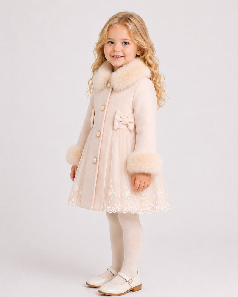 Girls’ Ivory Lace & Wool Coat with Genuine Fox Fur Collar & Cuffs – Luxury Princess Kids Coat Wholesale — image 4