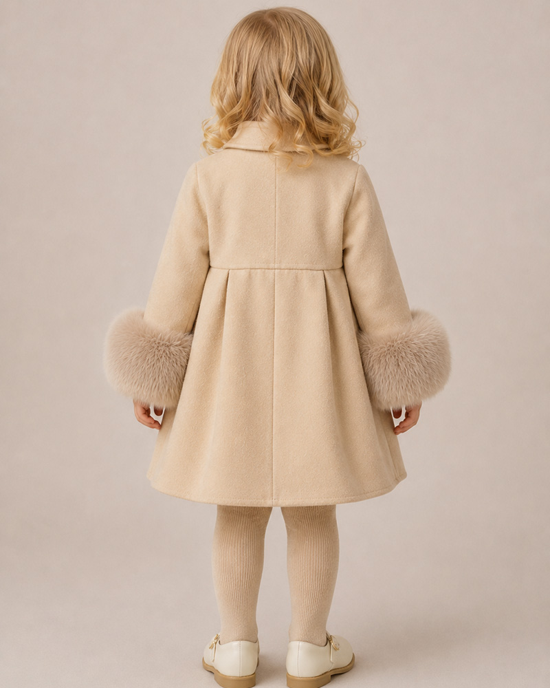 Girls’ Beige Wool Coat with Genuine Fox Fur Cuffs & Bow Neck Detail – Luxury Kids Winter Coat Wholesale — image 4