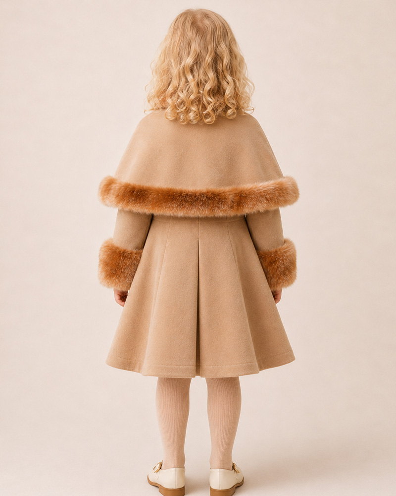 Girls’ Camel Wool Cape Coat with Genuine Fox Fur Collar, Cape & Cuffs – Luxury Kids Winter Coat Wholesale — image 3