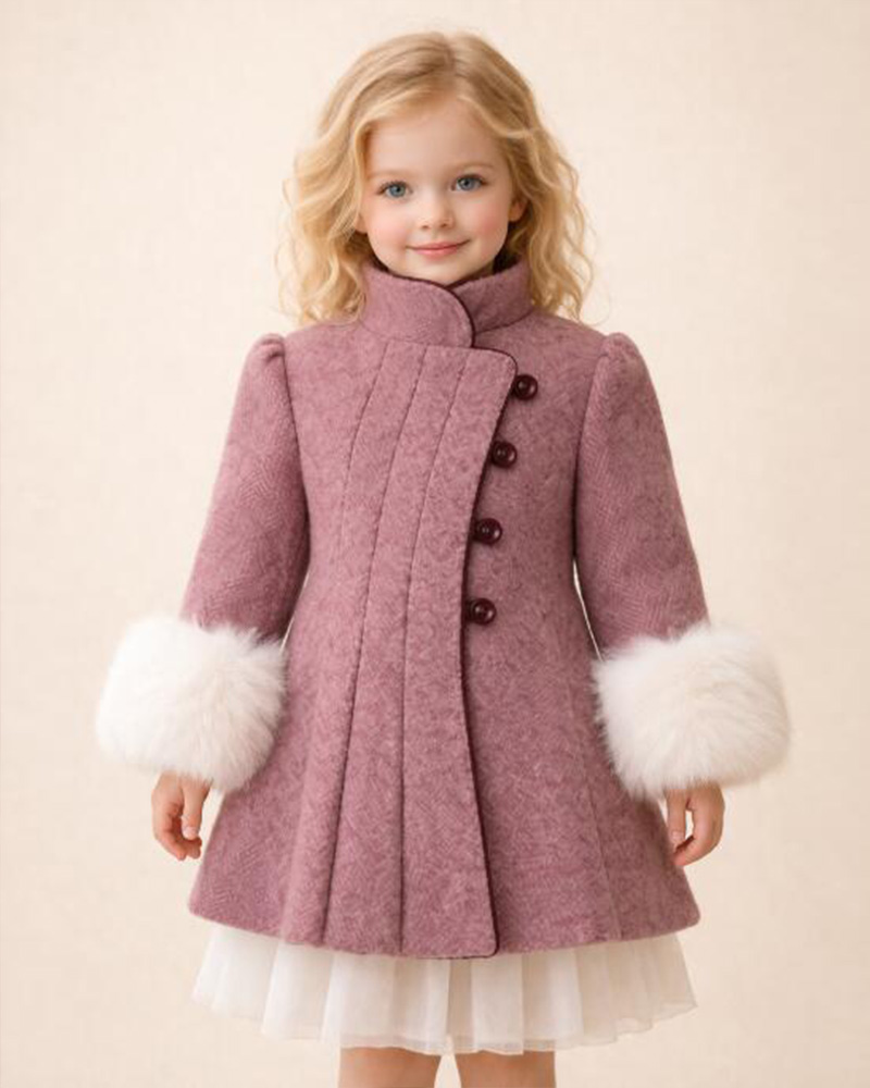 Girls’ Dusty Rose Wool Coat with Genuine Fox Fur Cuffs – High Collar Pleated Luxury Kids Coat Wholesale
