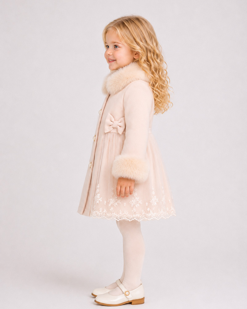 Girls’ Ivory Lace & Wool Coat with Genuine Fox Fur Collar & Cuffs – Luxury Princess Kids Coat Wholesale — image 2