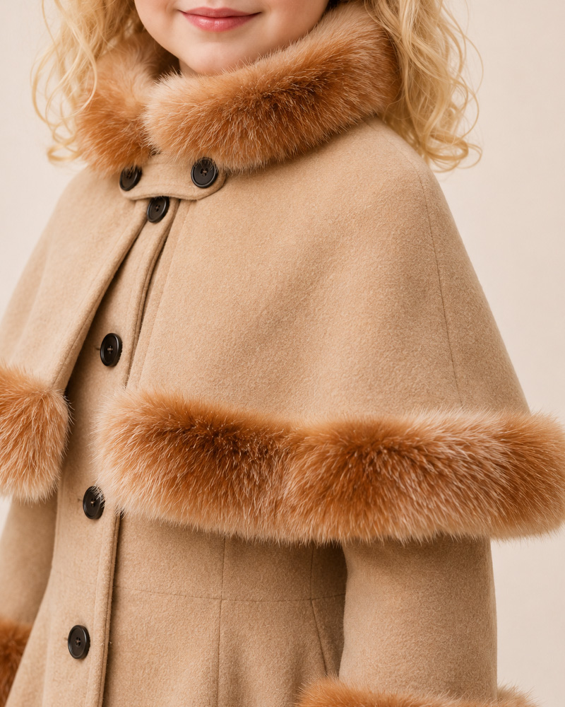 Girls’ Camel Wool Cape Coat with Genuine Fox Fur Collar, Cape & Cuffs – Luxury Kids Winter Coat Wholesale — image 4