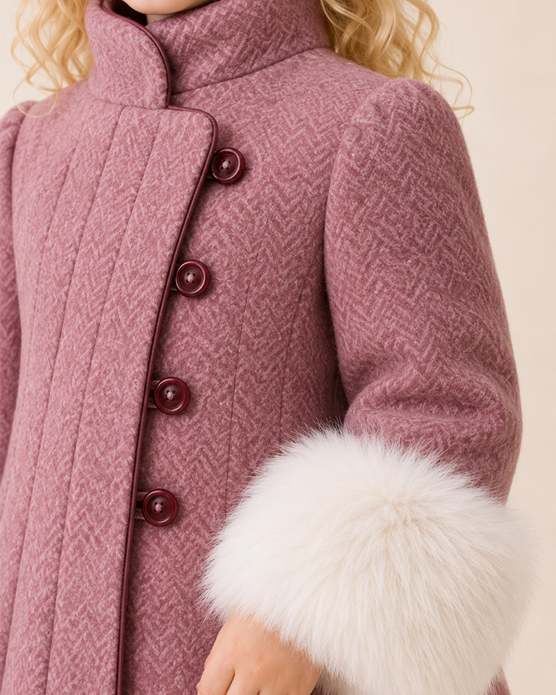 Girls’ Dusty Rose Wool Coat with Genuine Fox Fur Cuffs – High Collar Pleated Luxury Kids Coat Wholesale — image 5
