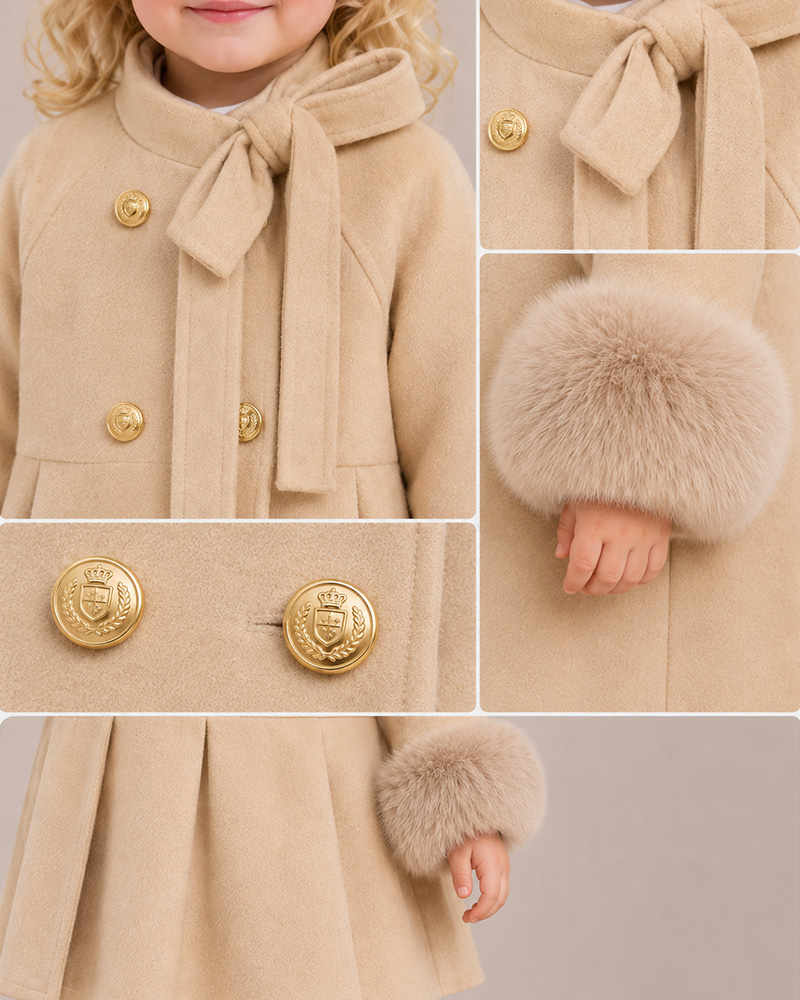 Girls’ Beige Wool Coat with Genuine Fox Fur Cuffs & Bow Neck Detail – Luxury Kids Winter Coat Wholesale — image 5