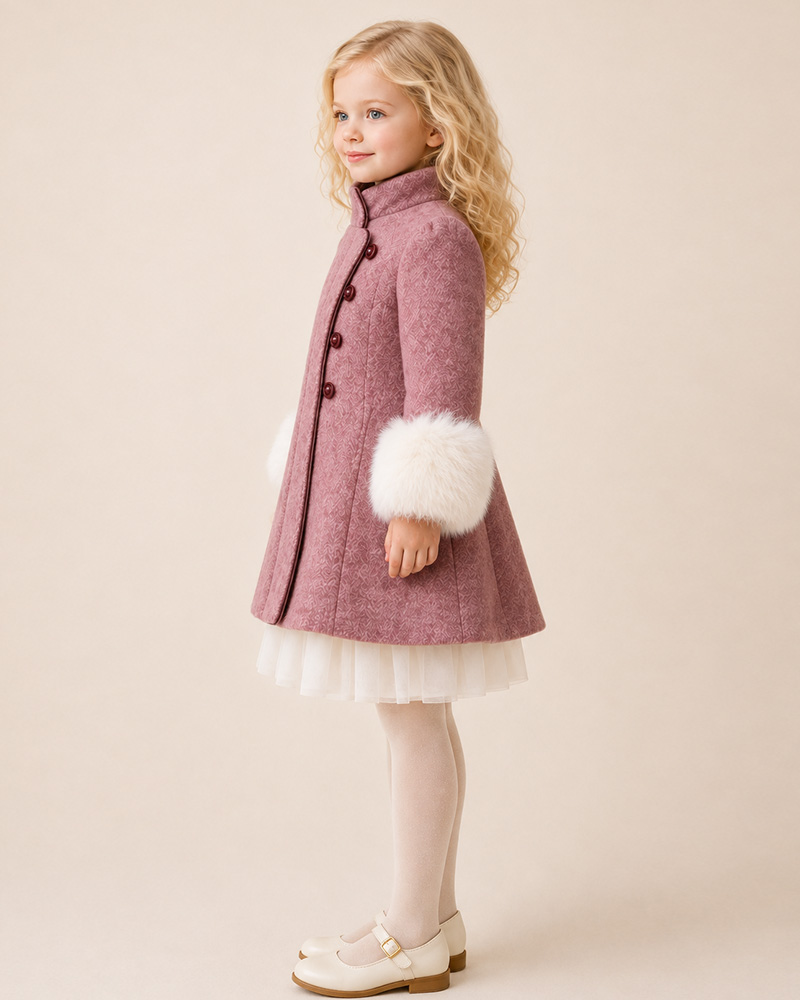 Girls’ Dusty Rose Wool Coat with Genuine Fox Fur Cuffs – High Collar Pleated Luxury Kids Coat Wholesale — image 3