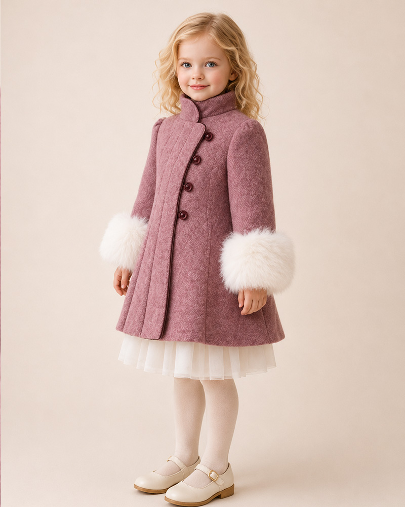 Girls’ Dusty Rose Wool Coat with Genuine Fox Fur Cuffs – High Collar Pleated Luxury Kids Coat Wholesale — image 2