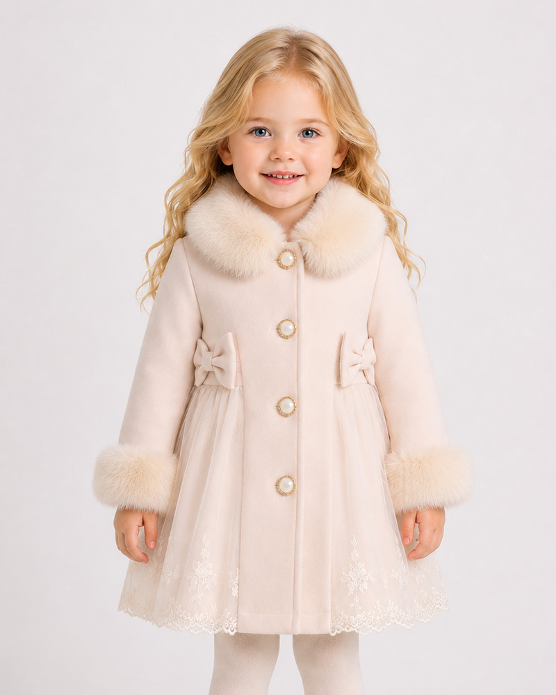 Girls’ Ivory Lace & Wool Coat with Genuine Fox Fur Collar & Cuffs – Luxury Princess Kids Coat Wholesale
