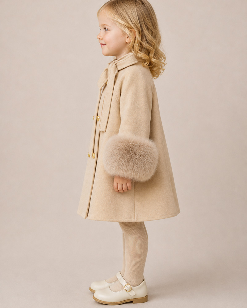 Girls’ Beige Wool Coat with Genuine Fox Fur Cuffs & Bow Neck Detail – Luxury Kids Winter Coat Wholesale — image 3