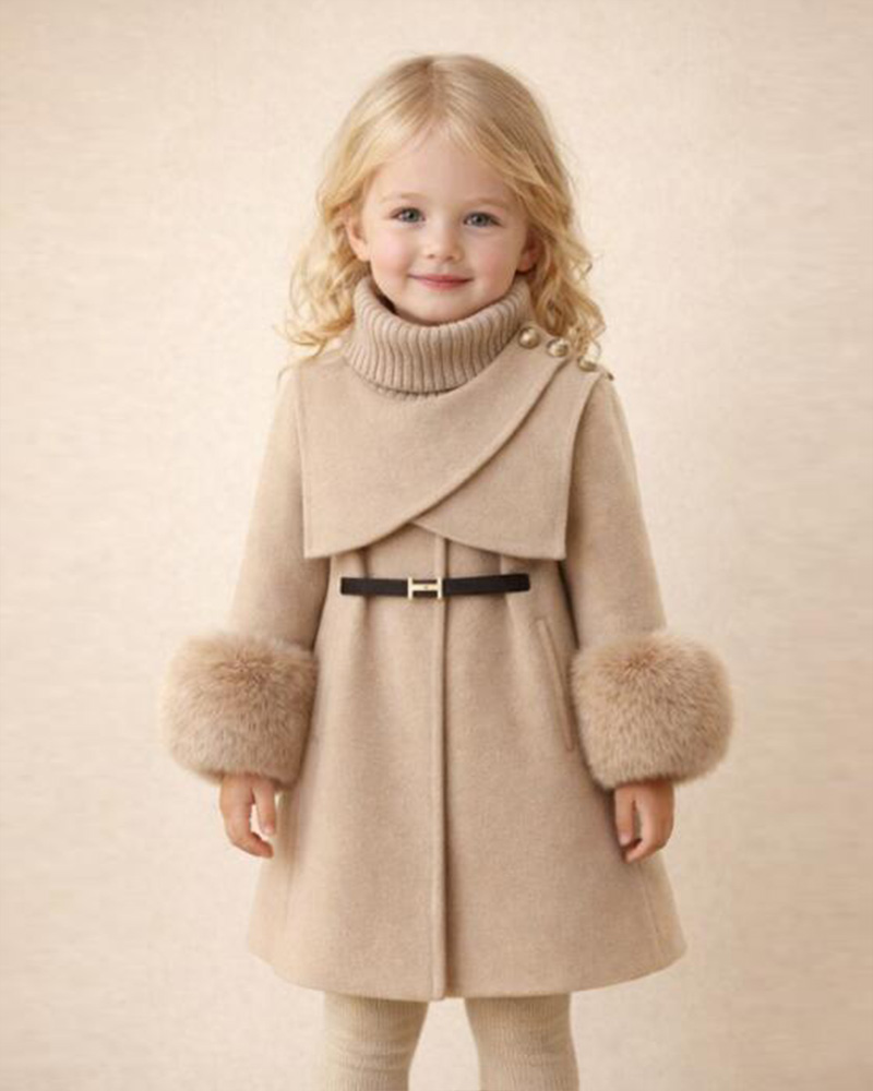 Girls’ Beige Wool Coat with Knit Turtleneck & Genuine Fox Fur Cuffs – Luxury Kids Winter Coat Wholesale