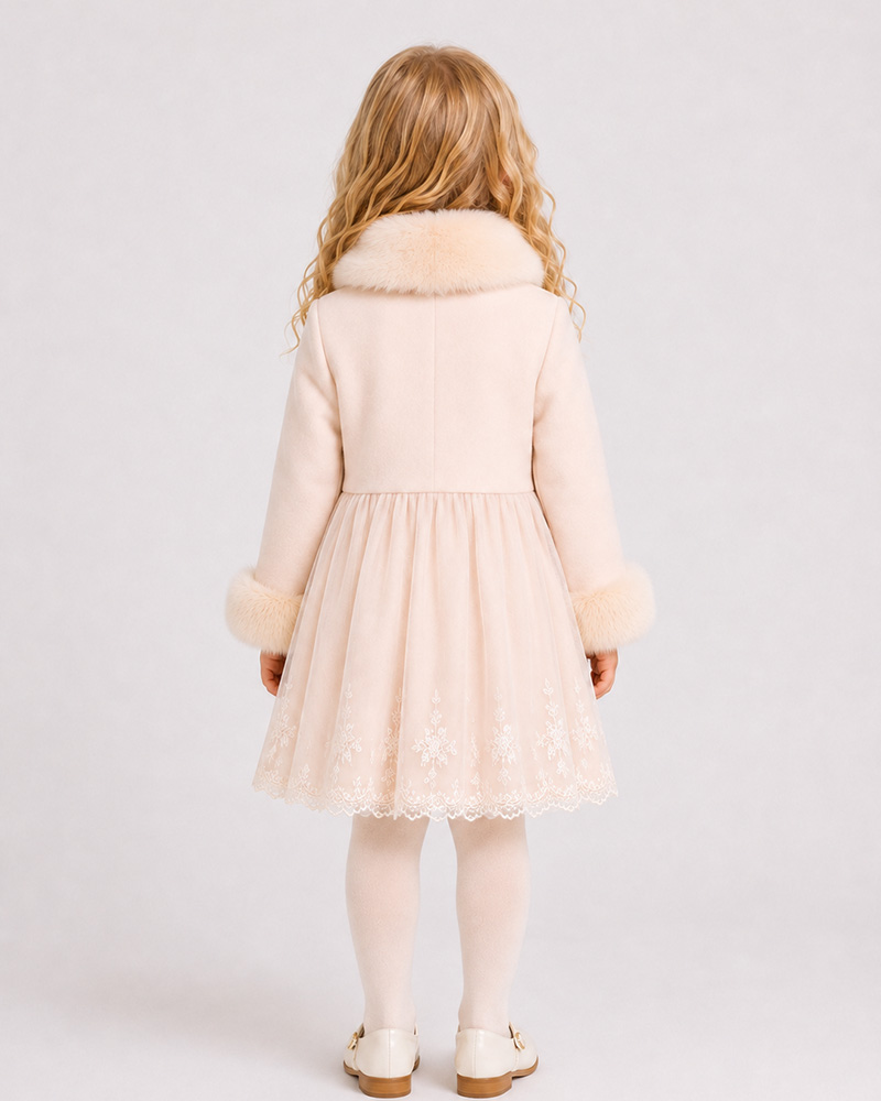 Girls’ Ivory Lace & Wool Coat with Genuine Fox Fur Collar & Cuffs – Luxury Princess Kids Coat Wholesale — image 3
