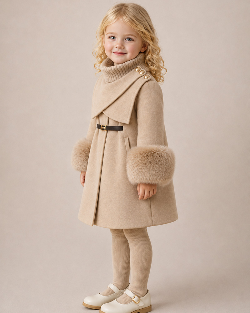 Girls’ Beige Wool Coat with Knit Turtleneck & Genuine Fox Fur Cuffs – Luxury Kids Winter Coat Wholesale — image 2