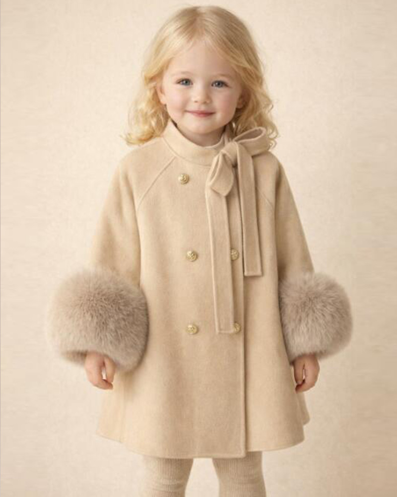 Girls’ Beige Wool Coat with Genuine Fox Fur Cuffs & Bow Neck Detail – Luxury Kids Winter Coat Wholesale