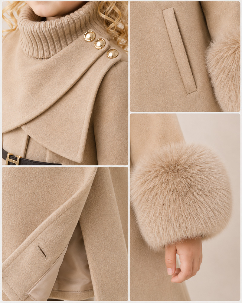 Girls’ Beige Wool Coat with Knit Turtleneck & Genuine Fox Fur Cuffs – Luxury Kids Winter Coat Wholesale — image 4