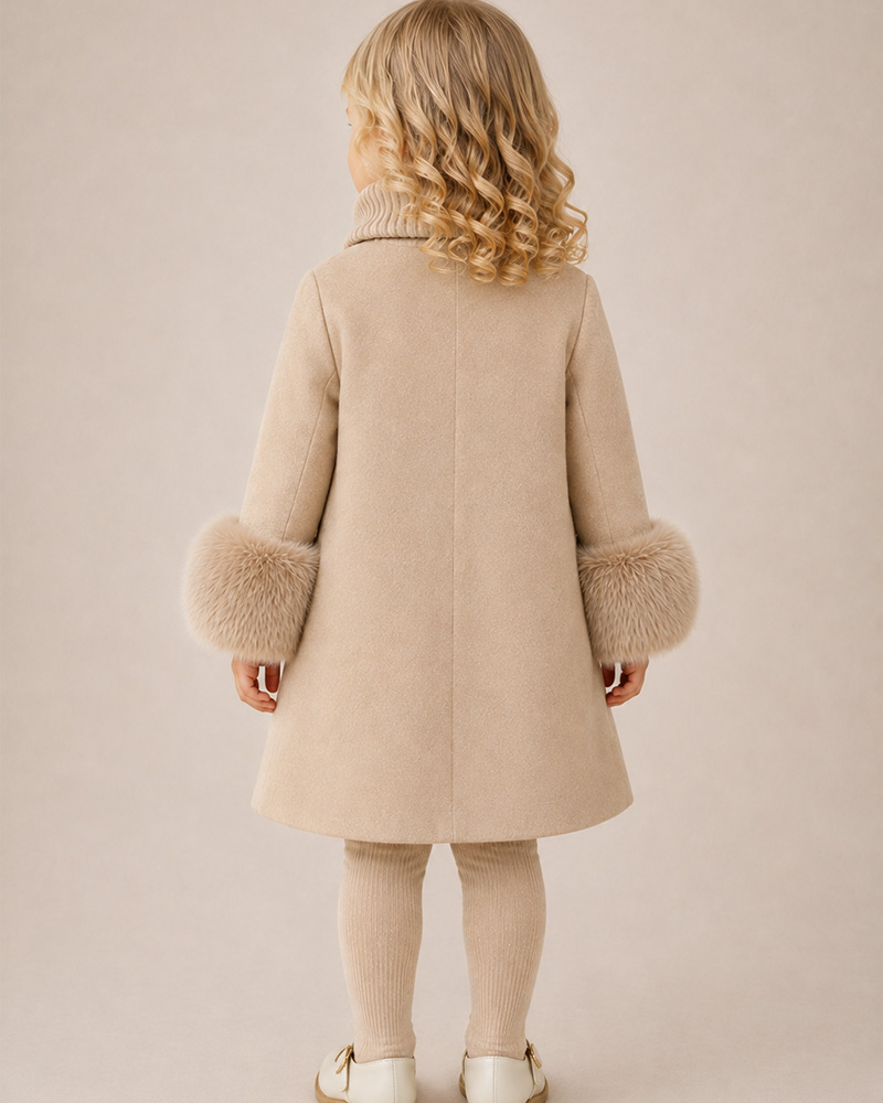 Girls’ Beige Wool Coat with Knit Turtleneck & Genuine Fox Fur Cuffs – Luxury Kids Winter Coat Wholesale — image 3