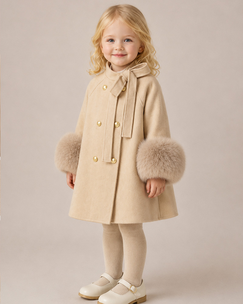 Girls’ Beige Wool Coat with Genuine Fox Fur Cuffs & Bow Neck Detail – Luxury Kids Winter Coat Wholesale — image 2