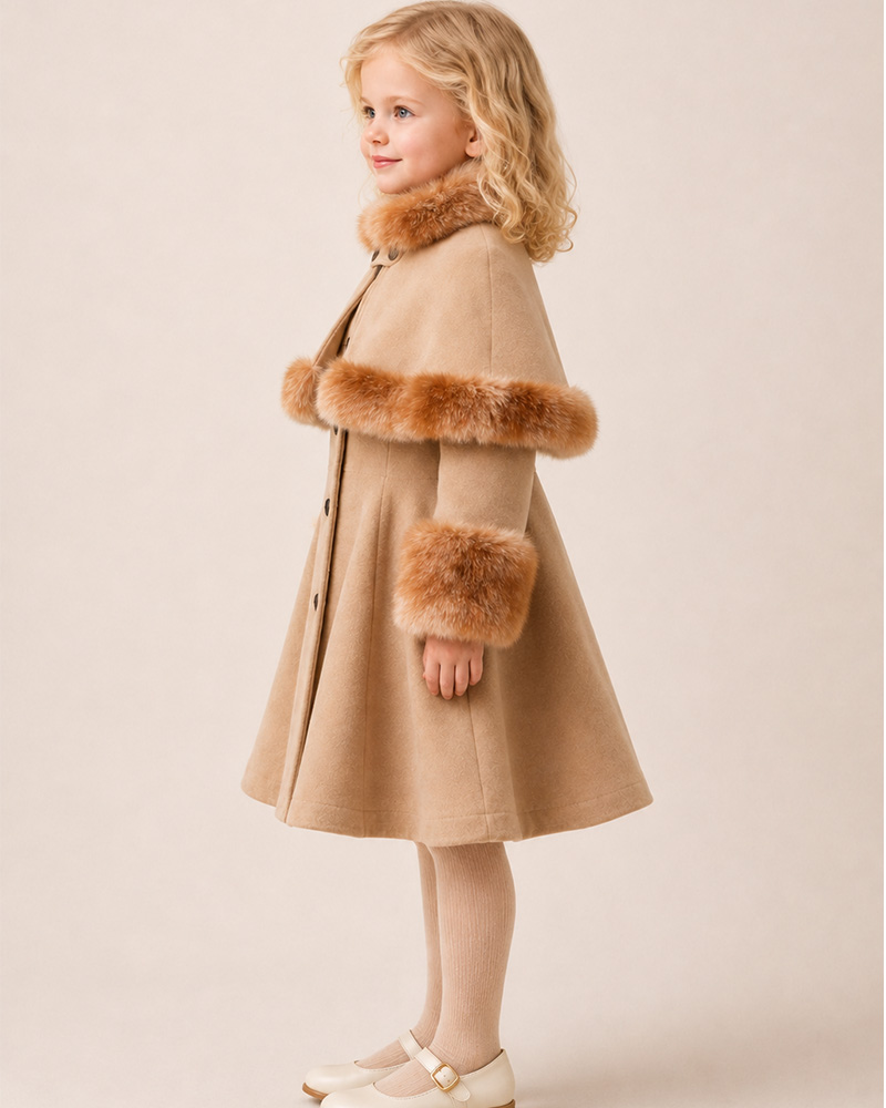 Girls’ Camel Wool Cape Coat with Genuine Fox Fur Collar, Cape & Cuffs – Luxury Kids Winter Coat Wholesale — image 2
